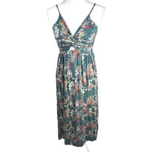 Gypsy Love Floral Twist Front Babydoll Maxi Dress Smocked Empire Women Small Y2K